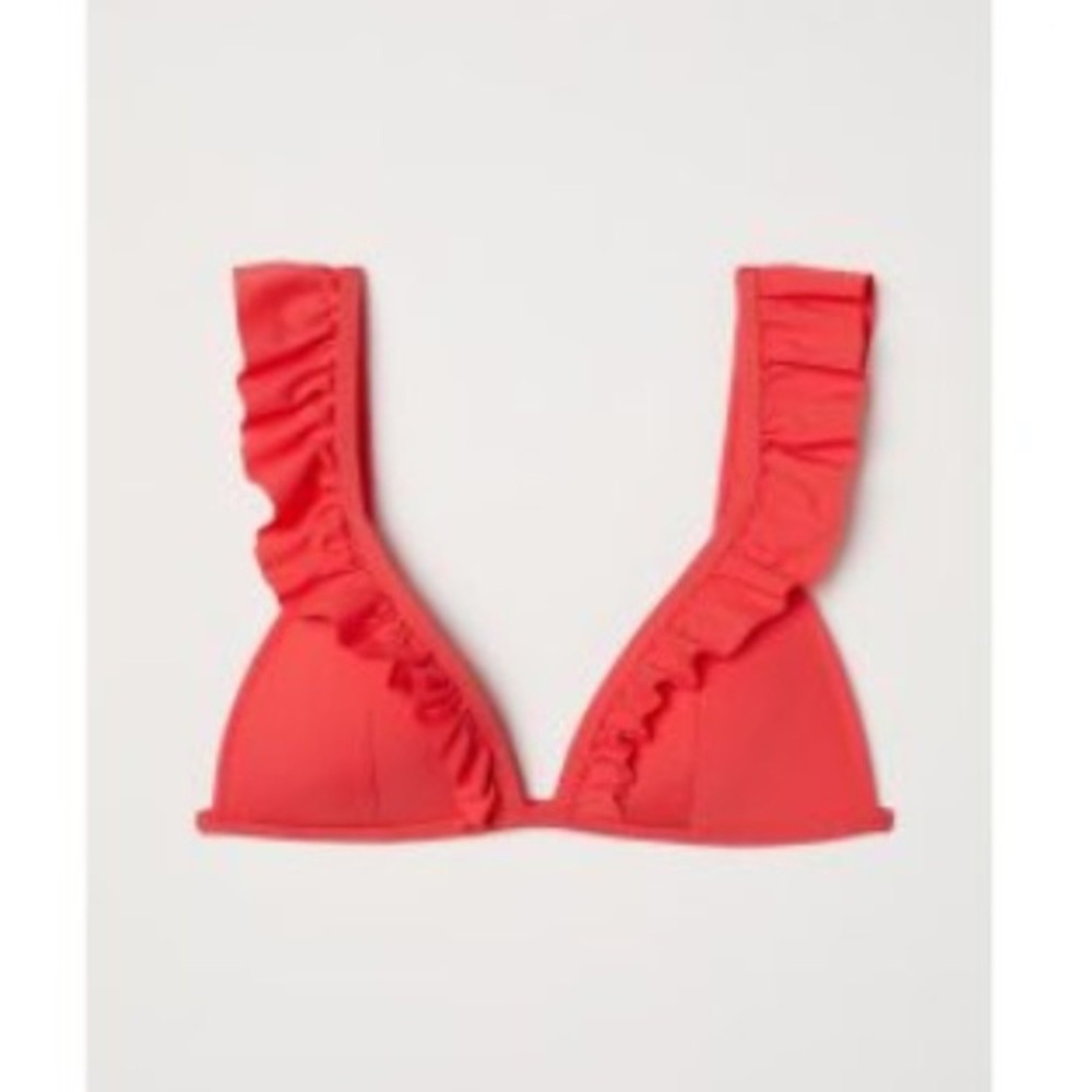 H&M Red Ruffle Shoulder Triangle Bikini Top Casual Flirty Swimwear Bathing Suit - Picture 2 of 12